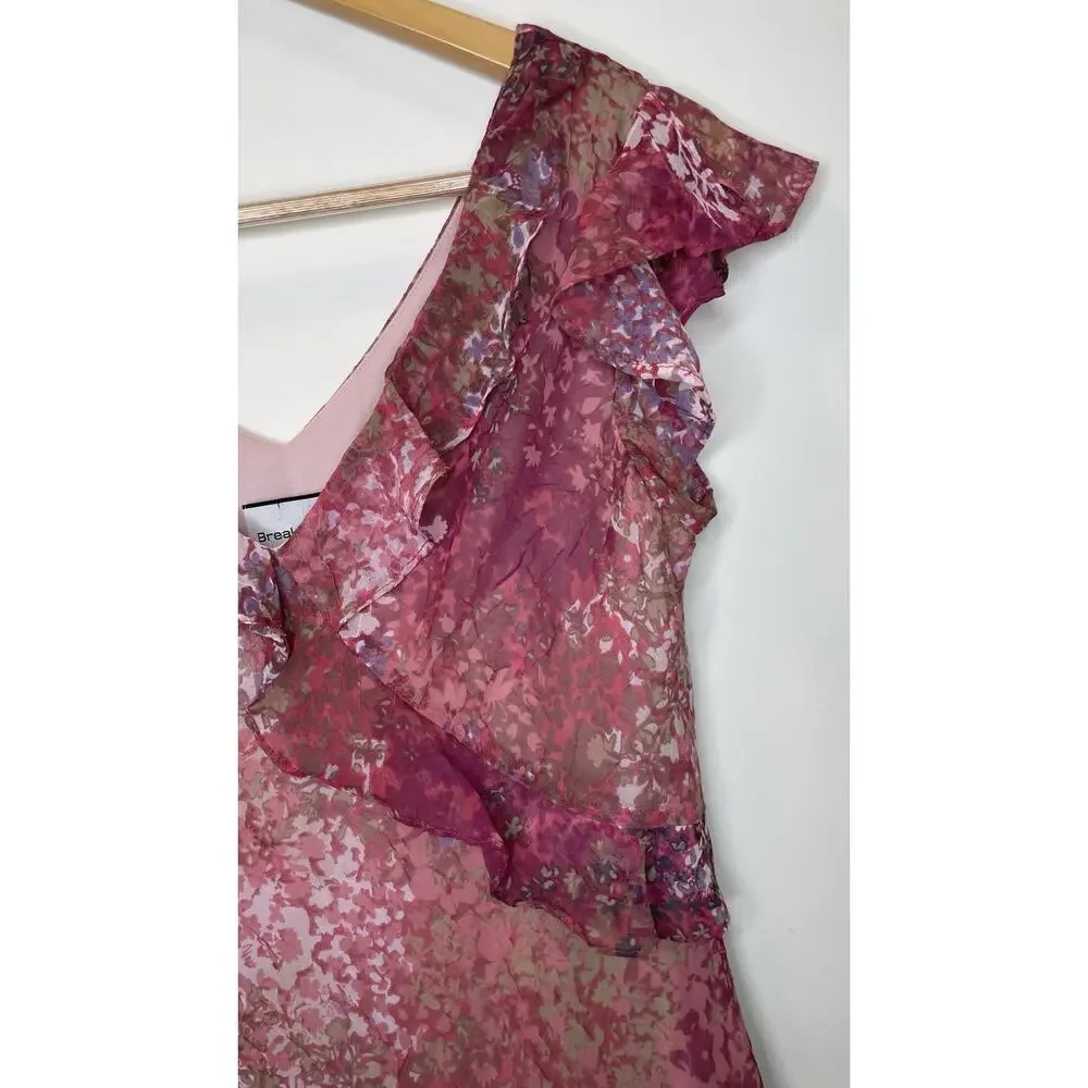 Breakin' Loose Y2K 90s Floral Ruffle V-Neck Asymetrical Midi Dress Pink Sz 9/10 - Picture 3 of 15